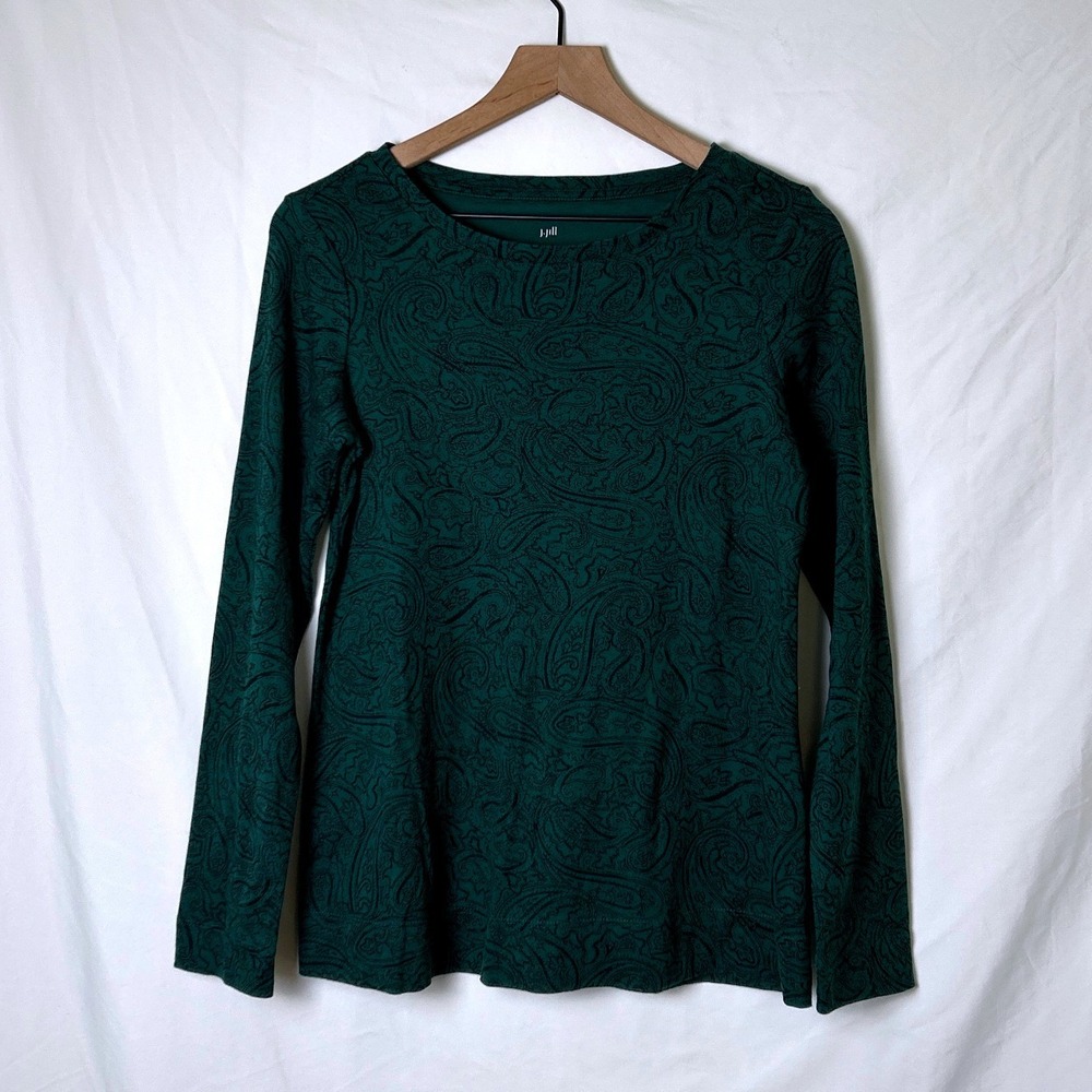 J. Jill Women Paisley Pima Cotton Long Sleeve Crew Neck Tee Size S Green Classic